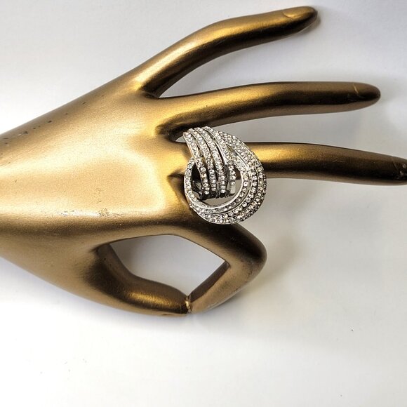 Silver Crystal Rhinestones Ring Wide Criss Cross Over Size 4.75 - Picture 4 of 12